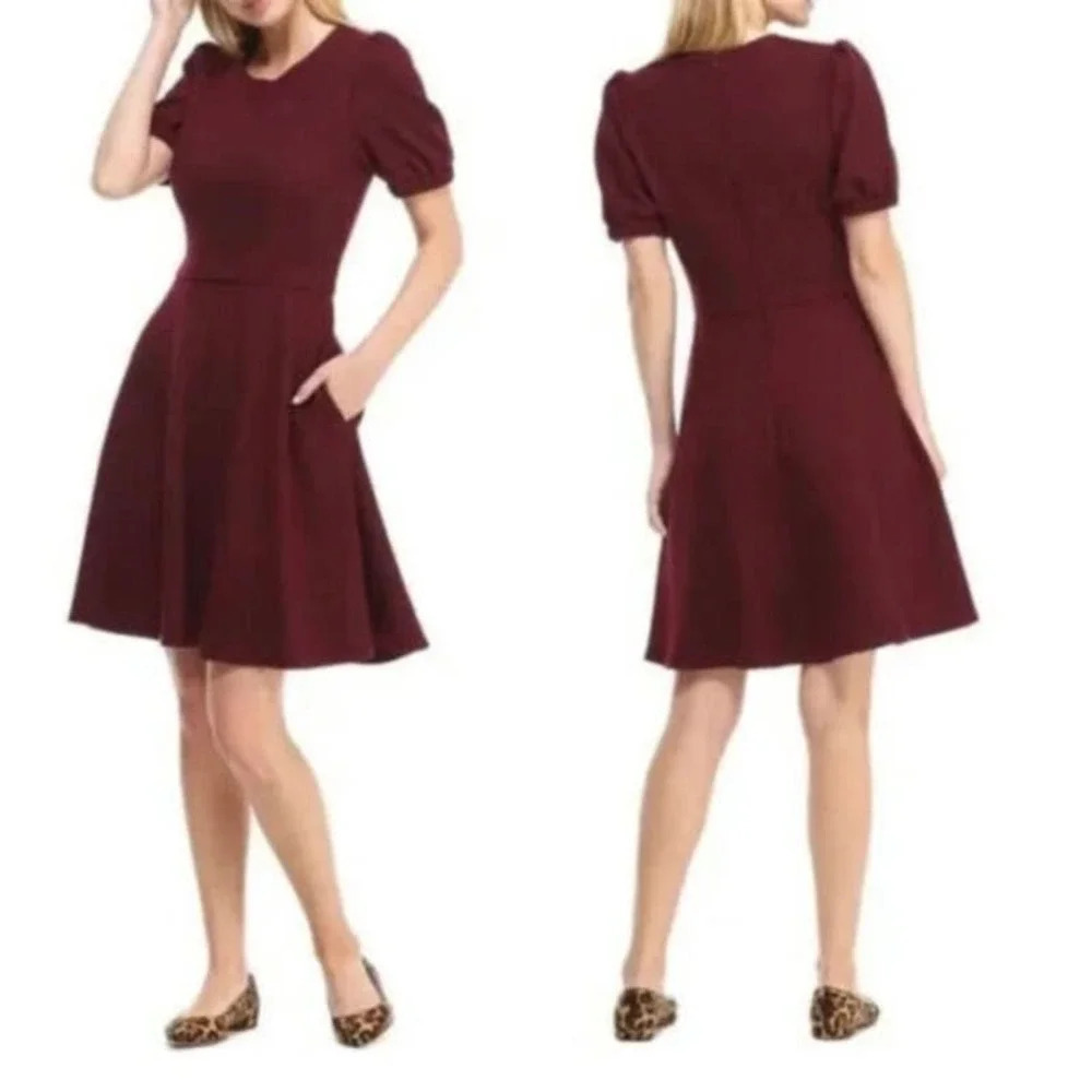 Gal Meets Glam Fit & Flare Burgundy Red Dress NWT Micro Rib Knit Short-Sleeve